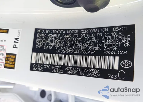 2021 Toyota Corolla Se z USA, uszkodzony, nr VIN JTDS4MCE4MJ080494